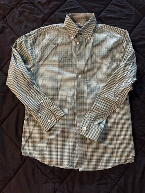 {SOUTHERN MARSH} Classic Green and Blue Gingham Plaid Button-Down Dress Shirt